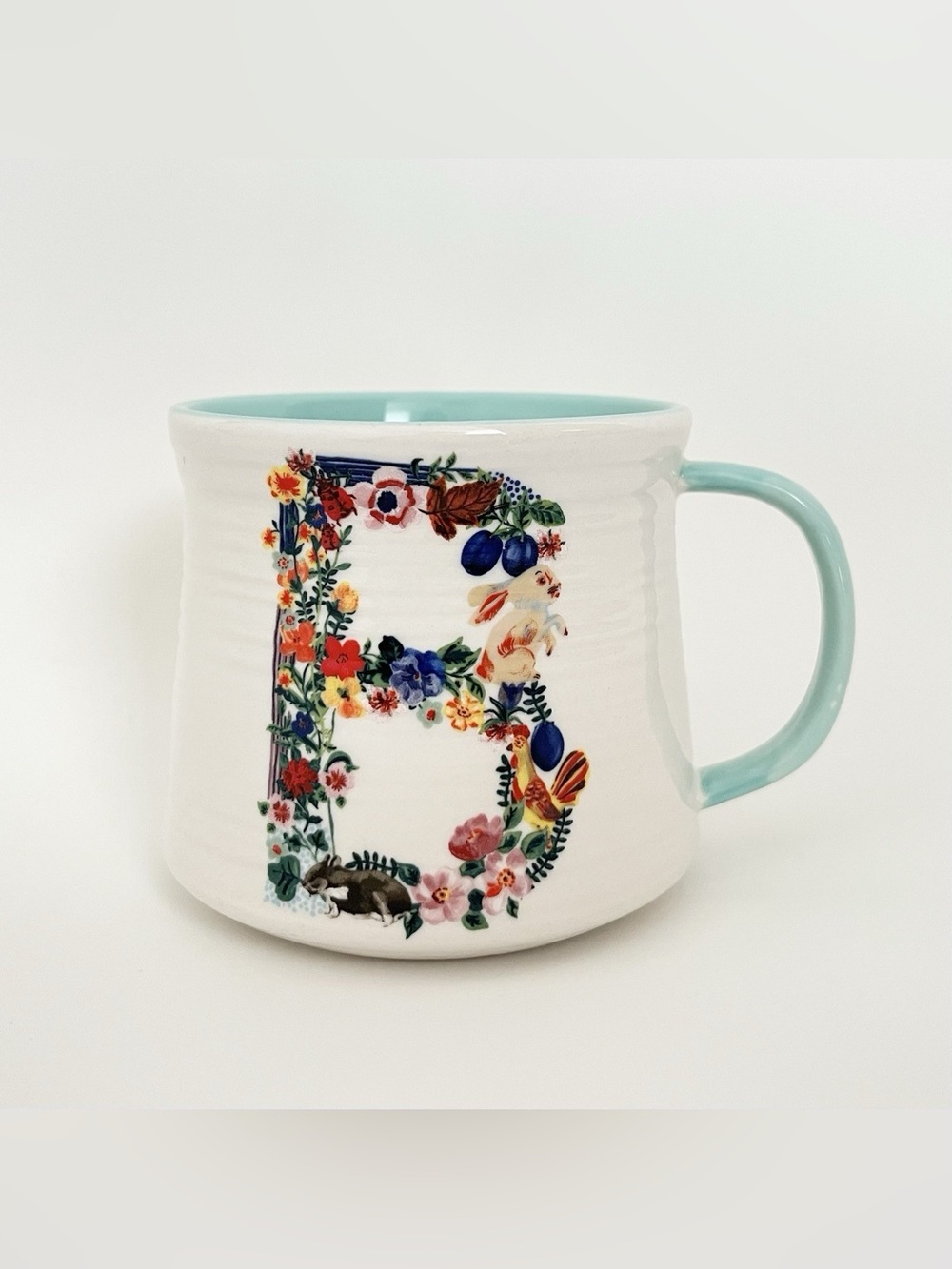 NEW Nathalie Lete x Anthropologie Ceramic Floral Initial B Mug Swan Green Handle